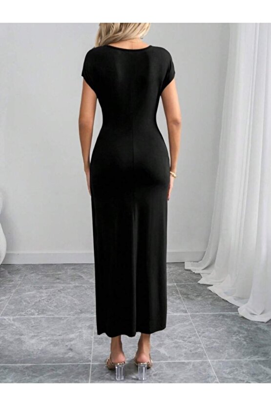 EQURİ Kadın Yarım Ay Kollu Yuvarlak Yaka önünde Toka Detaylı Modal Maxi Elbise