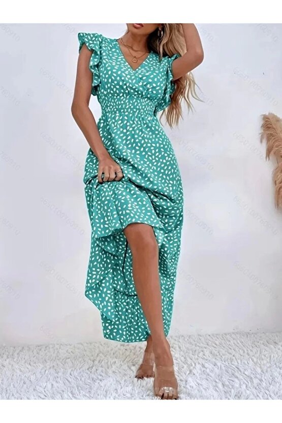 Kadın Kısa Kollu Kruvaze Yaka Beli Lastikli çiçek Desenli Elbise