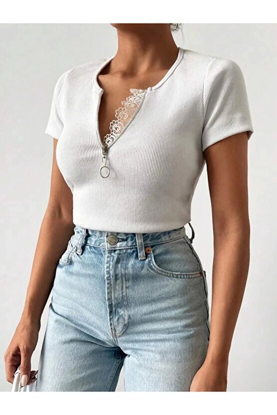 Kadın Beyaz Yaka Dantel Ve Fermuarlı Kaşkorse Bluz