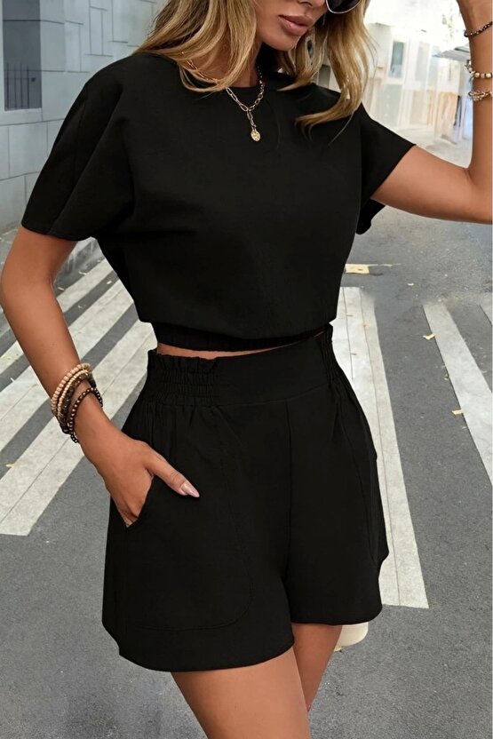 Kadın Kısa Kollu Yuvarlak Yakalı Ithal Keten Bluz Ve Short Ikili Takım