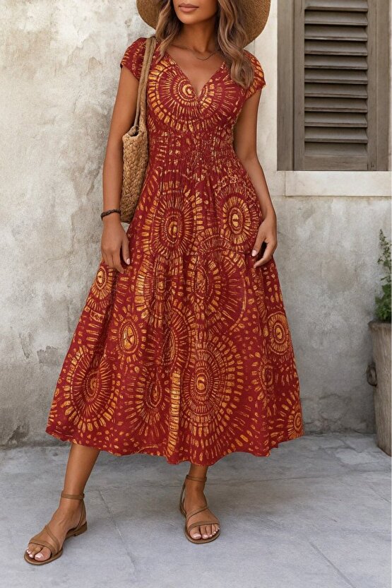 EQURİ Kadın Kısa Yarasa Kanat Kollu V Yakalı Beli Büzgülü Süprem Elbise