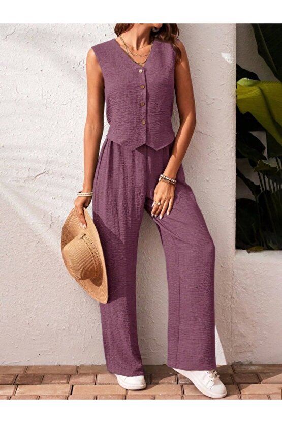 Kadın Sıfır Kollu Düğmeli Yelek Ve Pantolon Bürümcük Ikili Takım