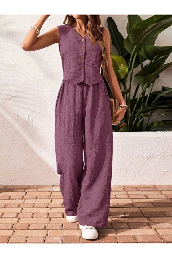 Kadın Sıfır Kollu Düğmeli Yelek Ve Pantolon Bürümcük Ikili Takım