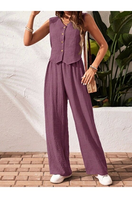 Kadın Sıfır Kollu Düğmeli Yelek Ve Pantolon Bürümcük Ikili Takım