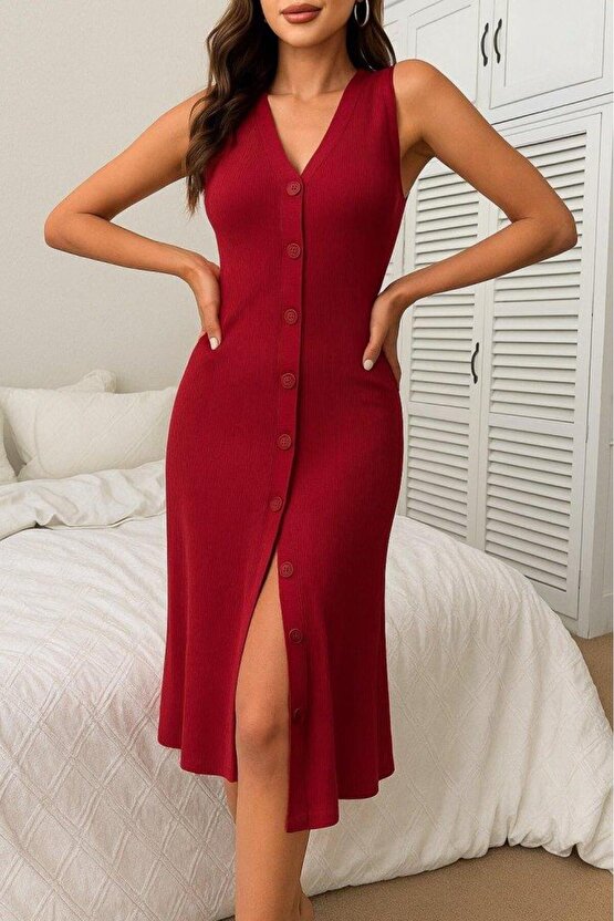 Kadın V Yakalı önden Düğmeli Kaşkorse Elbise