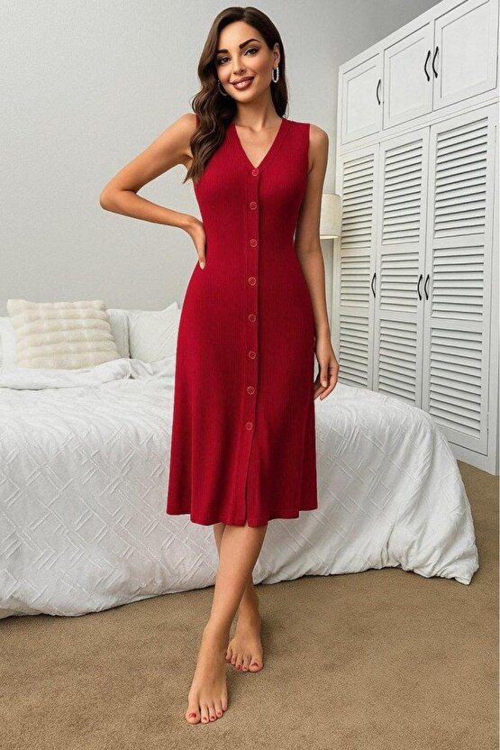 Kadın V Yakalı önden Düğmeli Kaşkorse Elbise