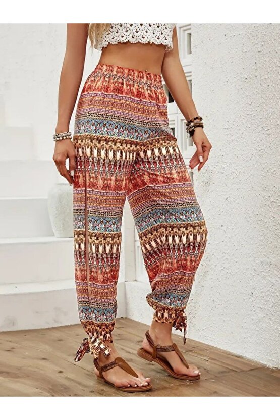 EQURİ Kadın Yüksek Belli Yanlardan Yırtmaç Detaylı Desenli Bürümcük Pantolon