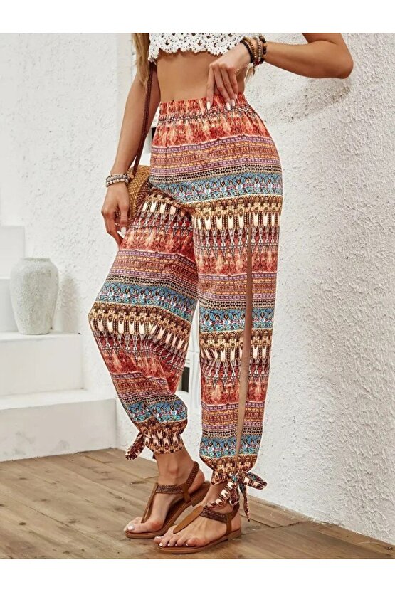 EQURİ Kadın Yüksek Belli Yanlardan Yırtmaç Detaylı Desenli Bürümcük Pantolon