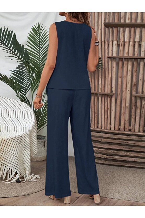 EQURİ Kadın Kolsuz Düğmeli Asimetrik Detaylı Bürümcük Bluz Ve Pantolon Takım