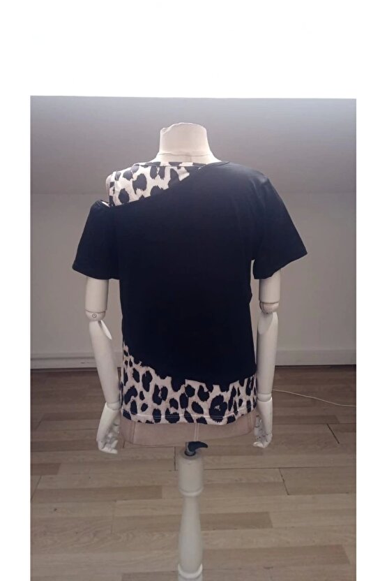 Kadın Kısa Kollu Geometrik Kesin Detaylı çift Renkli Viskon Bluz