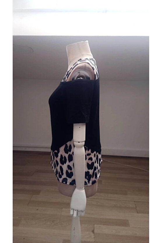 Kadın Kısa Kollu Geometrik Kesin Detaylı çift Renkli Viskon Bluz