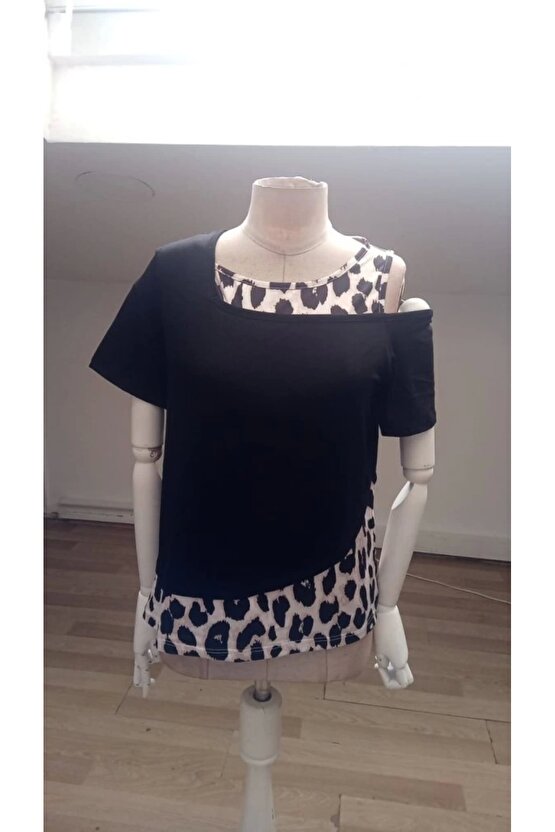 Kadın Kısa Kollu Geometrik Kesin Detaylı çift Renkli Viskon Bluz