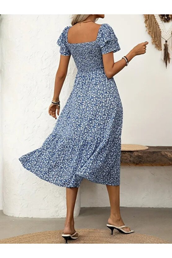 EQURİ Kadın Kısa Kollu Gipe Detaylı Desenli Midi Süprem Elbise