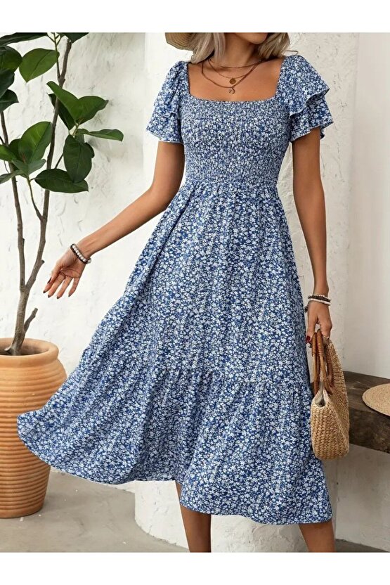 EQURİ Kadın Kısa Kollu Gipe Detaylı Desenli Midi Süprem Elbise