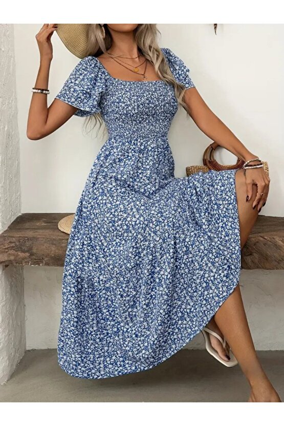 EQURİ Kadın Kısa Kollu Gipe Detaylı Desenli Midi Süprem Elbise