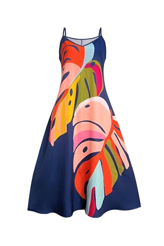 Kadın Ip Askılı V Yakalı Desenli Süprem Maxi Elbise