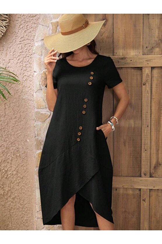 EQURİ Kadın Kısa Kollu Bisiklet Yaka Düğme Detay Müslim Elbise