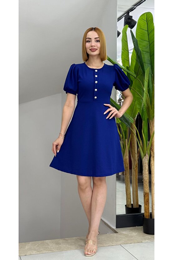 EQURİ Kadın Kısa Kollu Bisiklet Yaka önden Düğmeli Ithal Krep Elbise