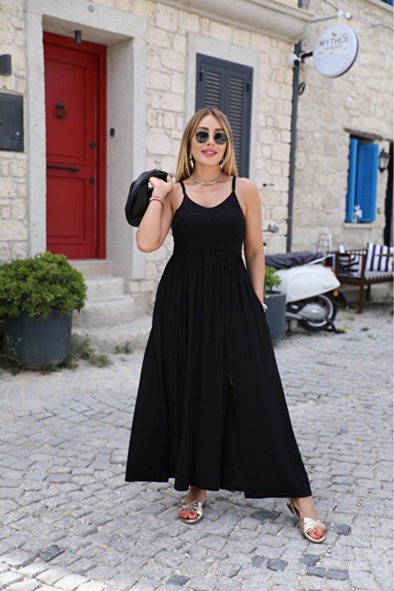 EQURİ Kadın Sırttan çapraz Bağcıklı Yırtmaçlı Cepli Viskon Elbise