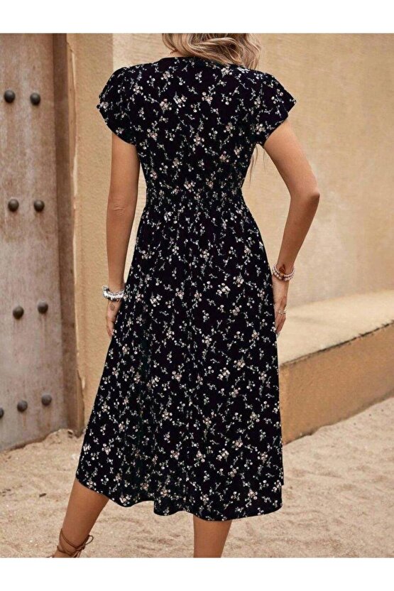 Kadın Kısa Kollu V Yakalı Beli Lastikli çiçek Desenli Süprem Elbise