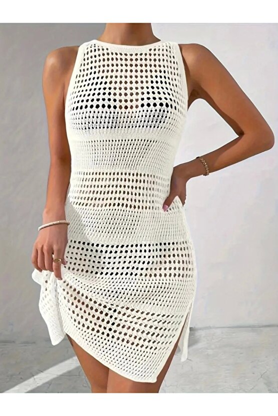 Kadın Kolsuz Derin Sırt Dekolteli Ajurlu Triko Pareo