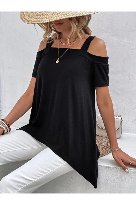 Kadın Kısa Kollu Omuzlardan Açık Askılı Asimetrik Kesim Viskon Bluz