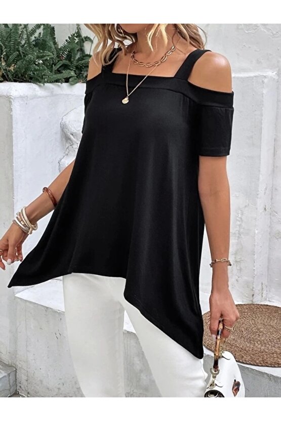 Kadın Kısa Kollu Omuzlardan Açık Askılı Asimetrik Kesim Viskon Bluz
