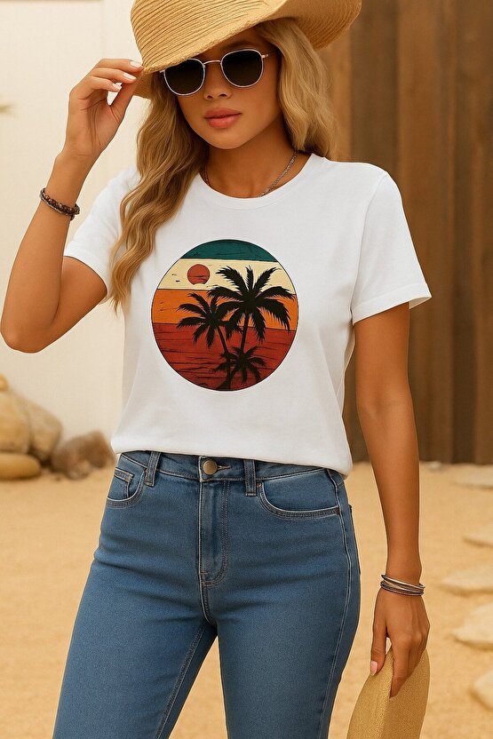 EQURİ Kadın Kısa Kollu Palmiye Baskılı Viskon T-shirt