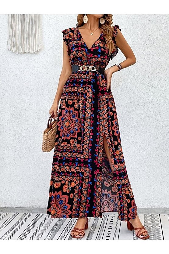 EQURİ Kadın Kısa Kollu V Yakalı Deseni Yırtmaçlı Süprem Elbise