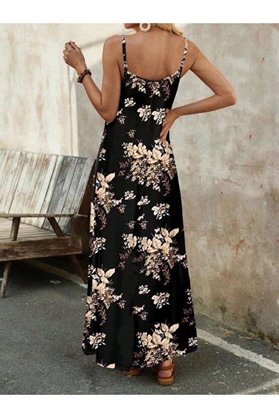 Kadın Ip Askılı V Yakalı çiçek Desenli Süprem Elbise