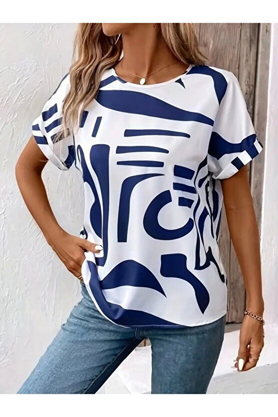 Kadın Kısa Kollu Yuvarlak Yaka Desenli Süprem Bluz