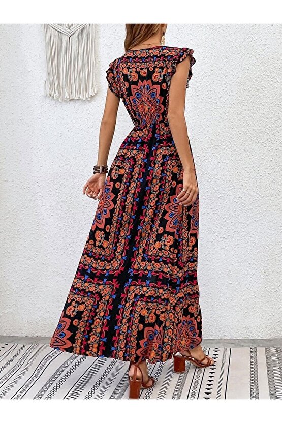 EQURİ Kadın Kısa Kollu V Yakalı Deseni Yırtmaçlı Süprem Elbise