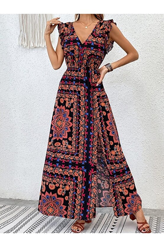 EQURİ Kadın Kısa Kollu V Yakalı Deseni Yırtmaçlı Süprem Elbise