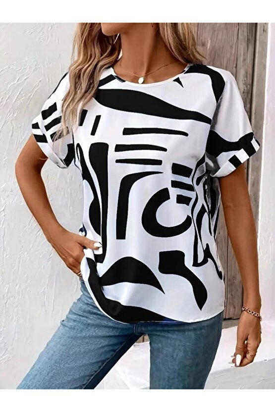 EQURİ Kadın Kısa Kollu Yuvarlak Yaka Desenli Süprem Bluz