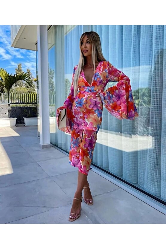 Kadın Göğüs Dekolteli Kolları Volan Detay Astarlı Tül Elbise