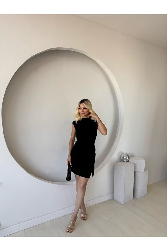 EQURİ Kadın Kısa Kap Kollu Bisiklet Yaka Belden Bağlamalı Modal Mini Elbise