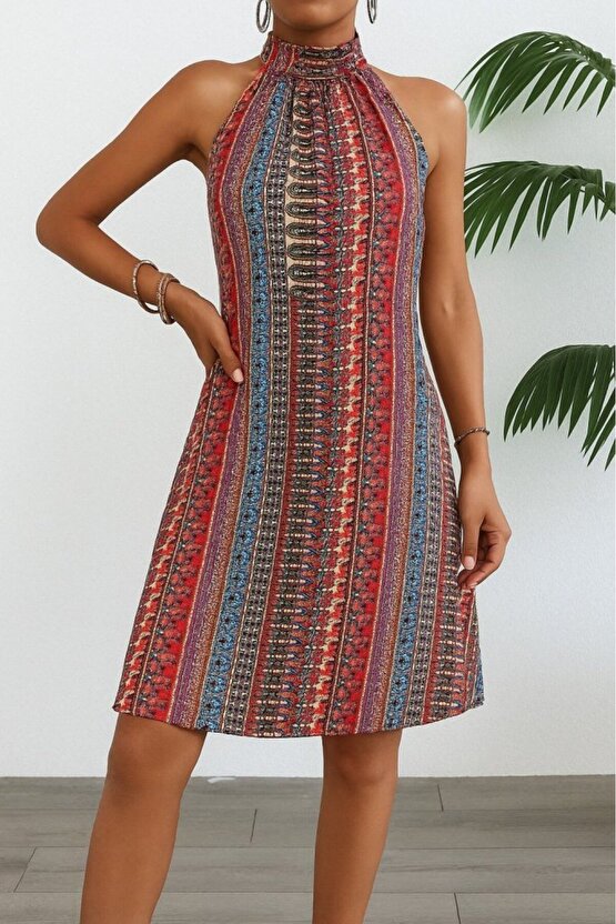 EQURİ Kadın Kolsuz Boyundan Askılı Desenli Midi Süprem Elbise