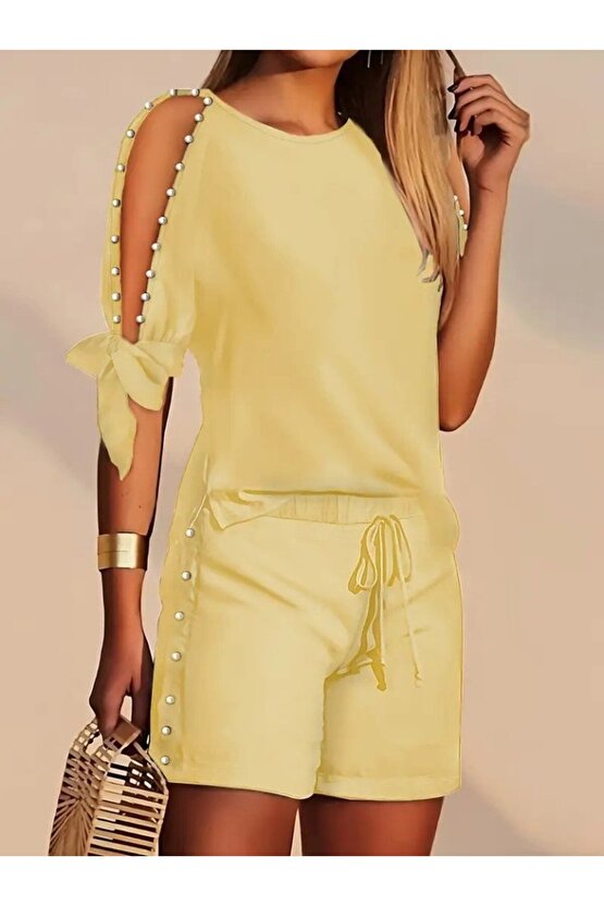 EQURİ Kadın Kısa Kollu Bisiklet Yaka Yarı Açık Omuz Inci Detaylı Short T-shirt Viskon Ikili Takım