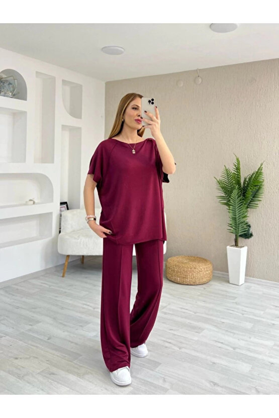 Kadın Kısa Kollu Kayık Yakalı Dikiş Izi Detaylı Viskon Iki Iplik Bluz Ve Pantolon Ikili Takım
