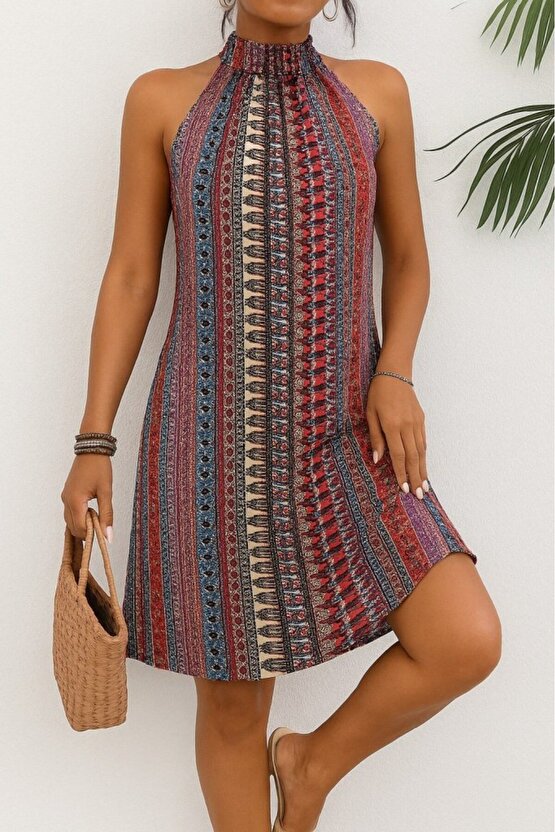 EQURİ Kadın Kolsuz Boyundan Askılı Desenli Midi Süprem Elbise