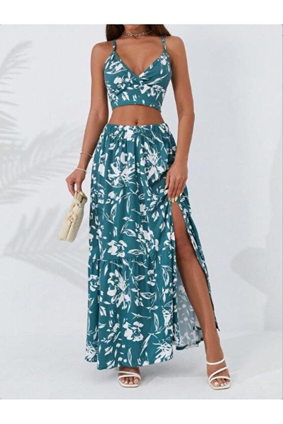 Kadın Ince Askılı çiçek Baskı Desenli Crop Yırtmaçlı Etek Ikili Süprem Takım