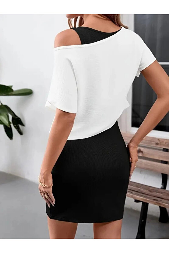 Kadın Askılı Yuvarlak Yaka Kısa Kaşkorse Elbise Ve Viskon Bluz Ikili Takım