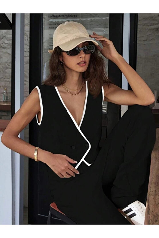 Kadın Kolsuz V Yakalı Düğmeli Ithal Krep Yelek Ve Pantolon Ikili Takım