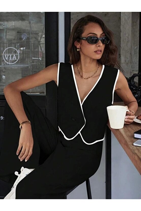 Kadın Kolsuz V Yakalı Düğmeli Ithal Krep Yelek Ve Pantolon Ikili Takım