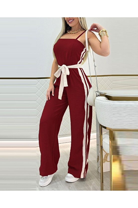 EQURİ Kadın Ip Askılı Straplez Belden Kuşaklı Viskon Iki Iplik Tulum