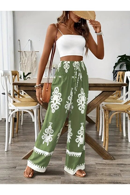 EQURİ Kadın Yüksek Bel Büzgülü Etnik Desen Baskılı Süprem Pantolon