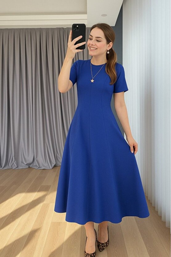 EQURİ Kadın Kısa Kollu Bisiklet Yaka Maksi Boy Ithal Krep Elbise