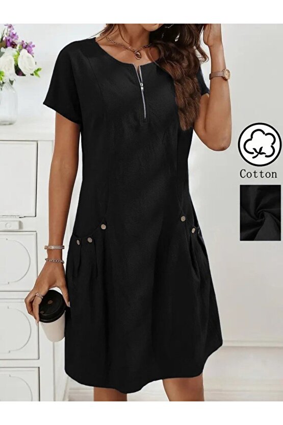 EQURİ Kadın Kısa Kollu Yakası Açık Fermuarlı Cep Detaylı Ithal Keten Elbise