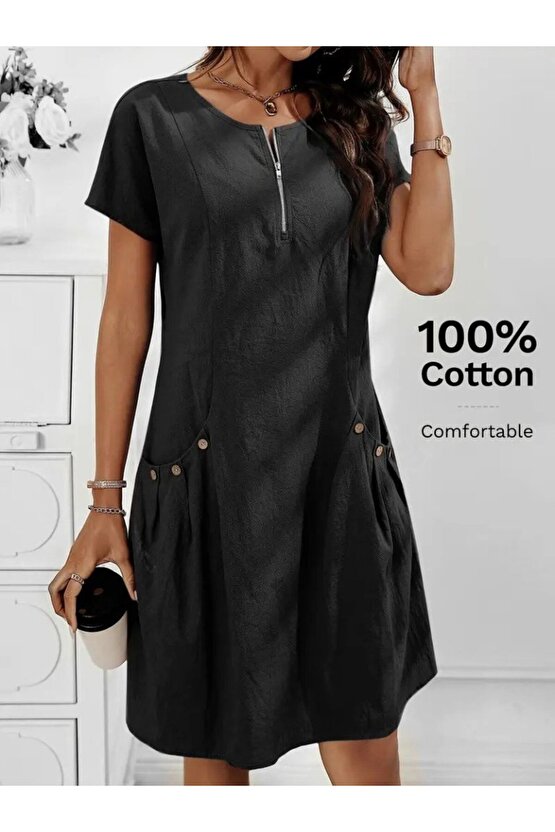 EQURİ Kadın Kısa Kollu Yakası Açık Fermuarlı Cep Detaylı Ithal Keten Elbise