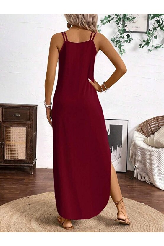 EQURİ Kadın Askılı Yuvarlak Yaka Asimetrik Detaylı Viskon Elbise